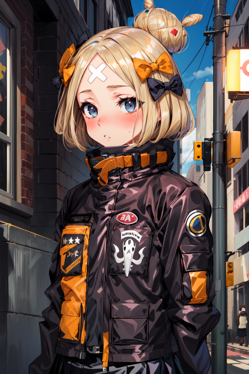 00790-2346202274-masterpiece,best quality,1girl,hmaw3,short hair,bow,single hair bun,(black jacket_1.2),skirt,shy,blush,arms behind back,street,_.png